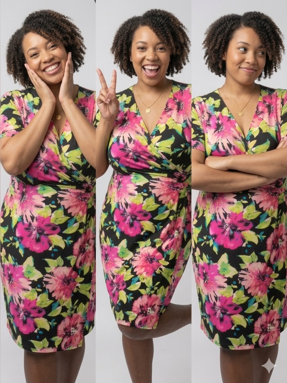 Floral Wrap-Style Dress in Black with Bright Pink and Lime Flowers